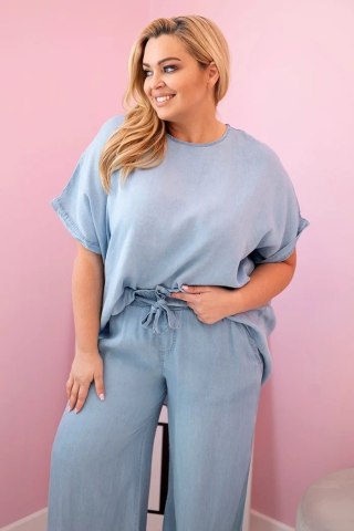 Komplet damski Plus Size z tencelu bluzka i spodnie z wiązaniem jasno jeansowy uniwersalny
