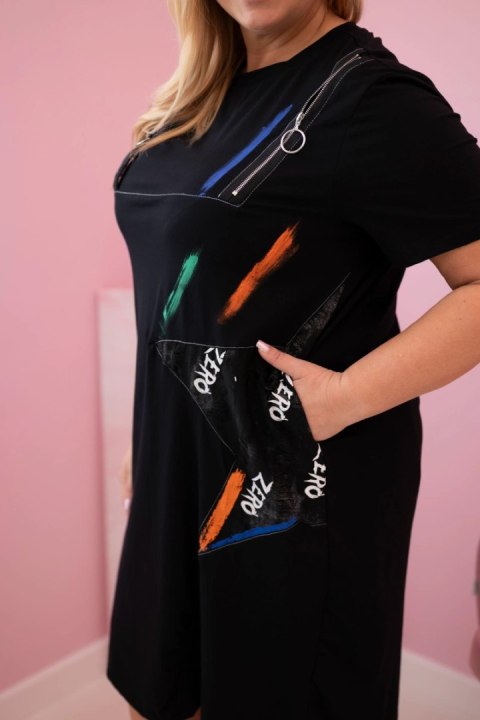 Sukienka damska Plus Size bawełniana z nadrukiem i kieszeniami czarna uniwersalny