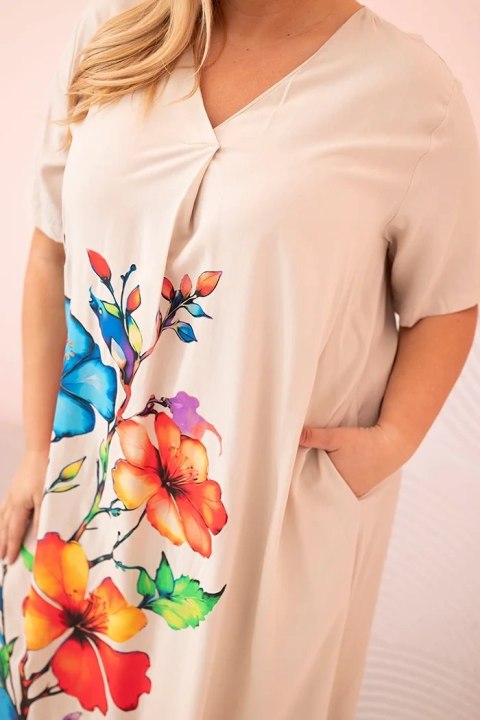 Sukienka damska Plus Size z wiskozy z kwiatowym nadrukiem beżowa