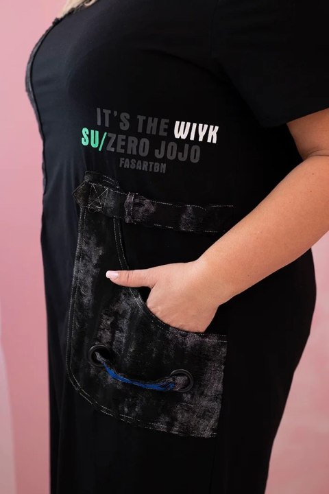 Sukienka damska bawełniana Plus Size z kieszeniami i napisami czarna uniwersalny