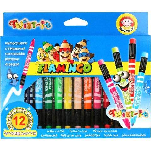 Kredki świecowe Twist-it Flamingo 12 kolorów wykręcane z gumką do wymazywania Kredki świecowe Twist-it Flamingo 12 kolorów wykręcane z gumką do wymazywania