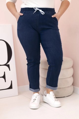 Spodnie damskie bawełniane Plus Size z elastyczną talią i wiązaniem ciemno jeansowe XL