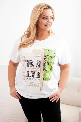 Bluzka damska bawełniana Plus Size z nadrukiem i cekinami biały + zielony uniwersalny