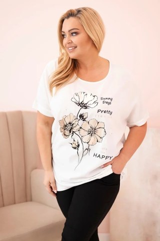 Bluzka damska Plus Size z wiskozy z kwiatowym nadrukiem i napisem ecru uniwersalny