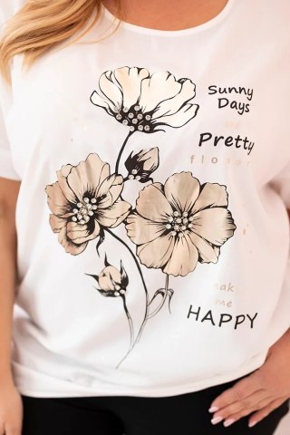 Bluzka damska Plus Size z wiskozy z kwiatowym nadrukiem i napisem ecru uniwersalny