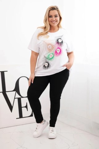 Bluzka damska bawełniana Plus Size z motywem piór biały + różowy uniwersalny