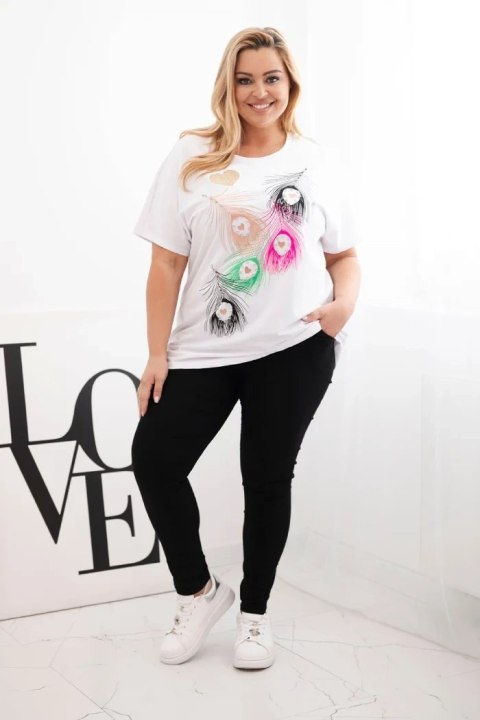 Bluzka damska bawełniana Plus Size z motywem piór biały + różowy uniwersalny Bluzka damska bawełniana Plus Size z motywem piór biały + różowy uniwersalny