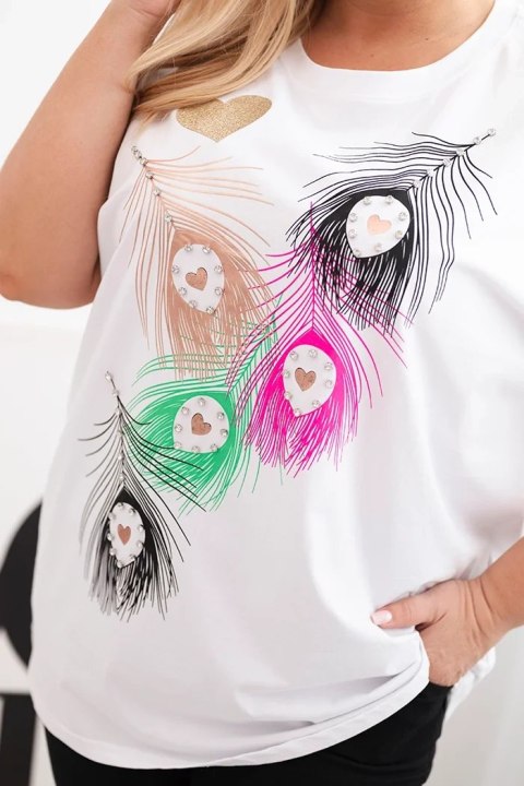 Bluzka damska bawełniana Plus Size z motywem piór biały + różowy uniwersalny Bluzka damska bawełniana Plus Size z motywem piór biały + różowy uniwersalny