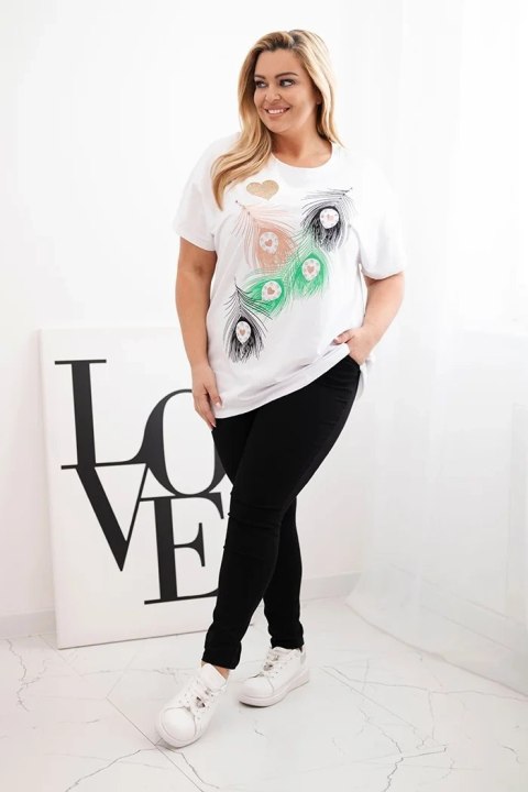 Bluzka damska bawełniana Plus Size z motywem piór biały + zielony uniwersalny Bluzka damska bawełniana Plus Size z motywem piór biały + zielony uniwersalny