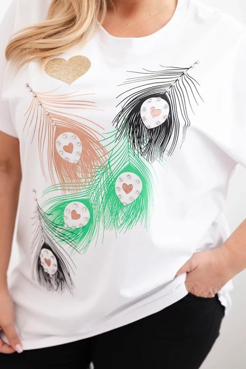 Bluzka damska bawełniana Plus Size z motywem piór biały + zielony uniwersalny Bluzka damska bawełniana Plus Size z motywem piór biały + zielony uniwersalny