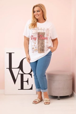 Bluzka damska bawełniana Plus Size z nadrukiem Day Dream biały + camelowy uniwersalny