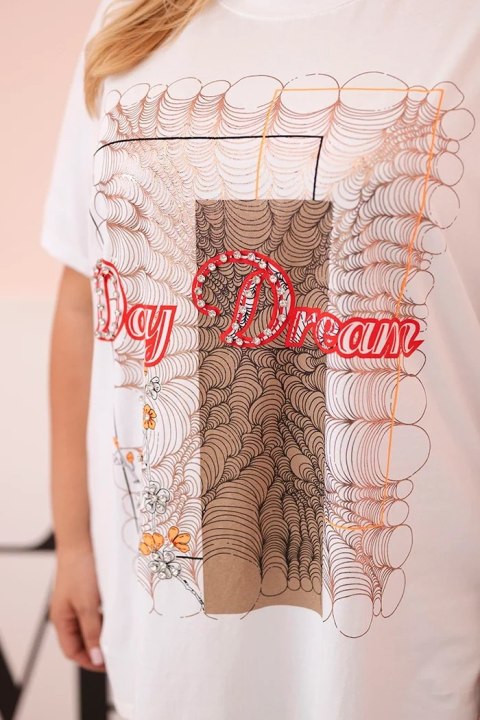 Bluzka damska bawełniana Plus Size z nadrukiem Day Dream biały + camelowy uniwersalny Bluzka damska bawełniana Plus Size z nadrukiem Day Dream biały + camelowy uniwersalny