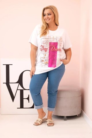 Bluzka damska bawełniana Plus Size z nadrukiem Day Dream biały + różowy uniwersalny