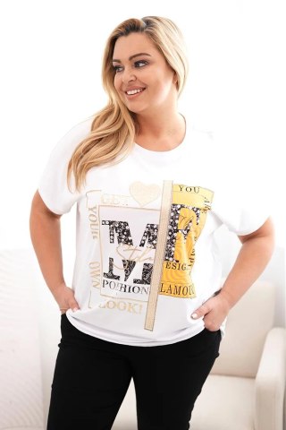 Bluzka damska bawełniana Plus Size z nadrukiem i cekinami biały + pomarańczowy uniwersalny