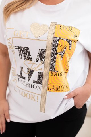 Bluzka damska bawełniana Plus Size z nadrukiem i cekinami biały + pomarańczowy uniwersalny