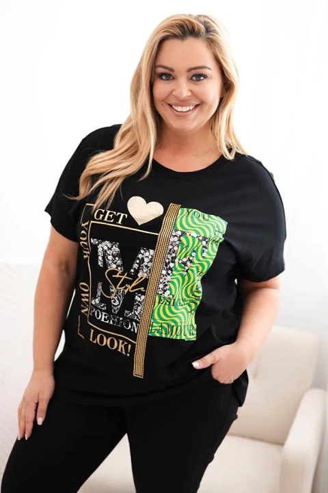Bluzka damska bawełniana Plus Size z nadrukiem i cekinami czarny + zielony uniwersalny Bluzka damska bawełniana Plus Size z nadrukiem i cekinami czarny + zielony uniwersalny