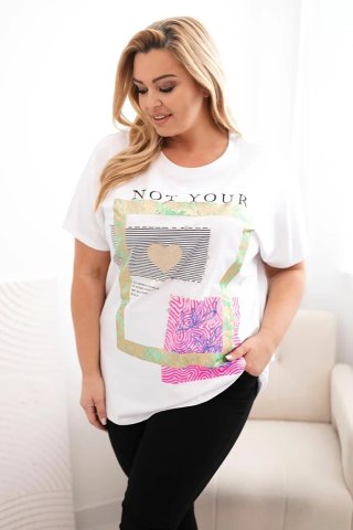 Bluzka damska bawełniana Plus Size ze złotym napisem biały + zielony uniwersalny