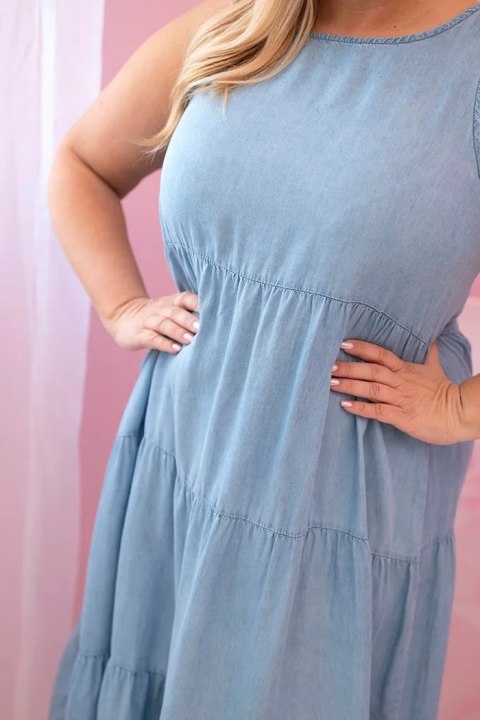 Sukienka damska Plus Size z lyocellu rozkloszowana z falbanami jasno jeansowa uniwersalny