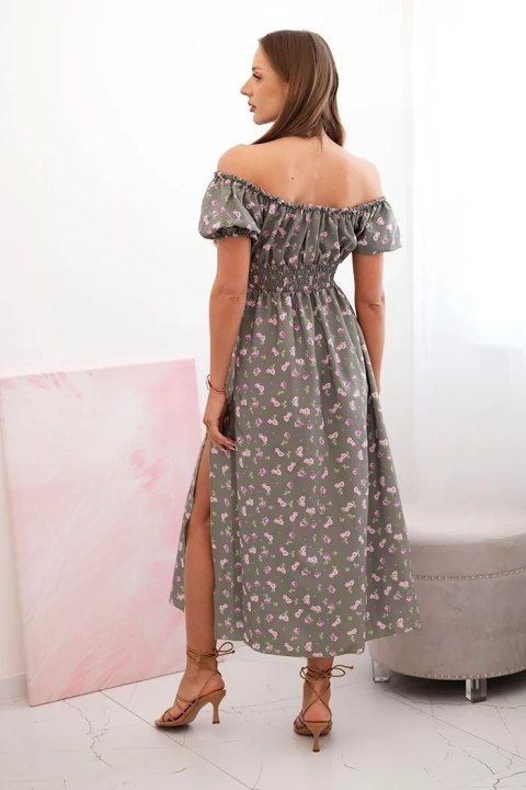 Sukienka damska maxi w kwiaty z bufkami khaki uniwersalny