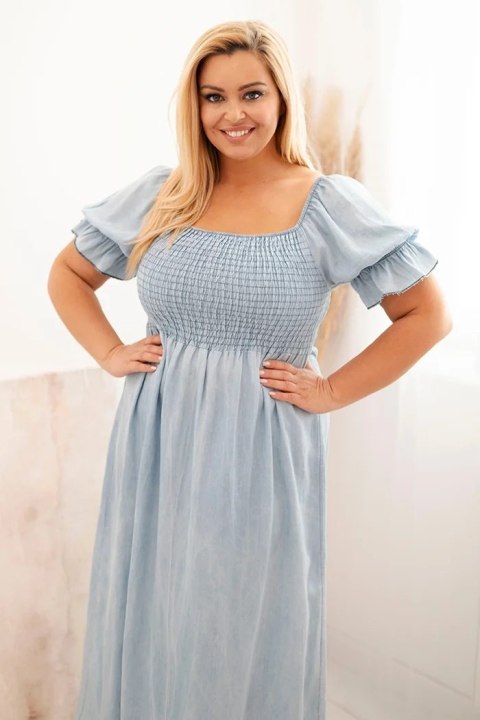 Sukienka damska plus size z krótkim rękawem i marszczeniem z tencelu maxi jasno jeansowa uniwersalny