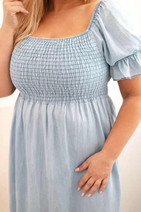 Sukienka damska plus size z krótkim rękawem i marszczeniem z tencelu maxi jasno jeansowa uniwersalny