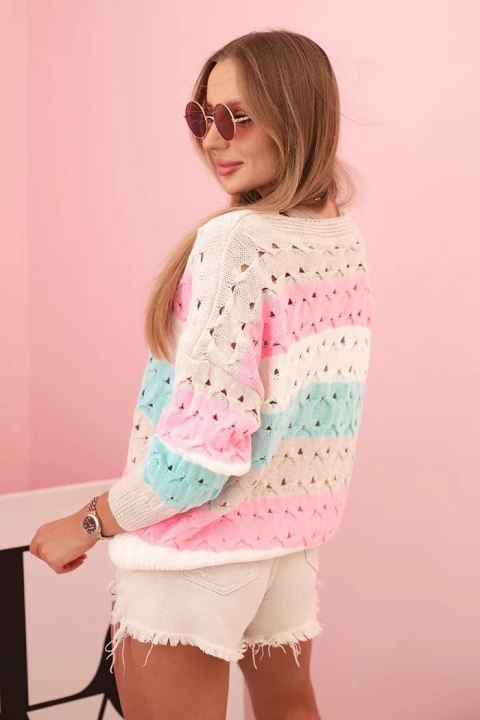 Sweter damski ażurowy w paski z dekoltem V beżowy + miętowy Sweter damski ażurowy w paski z dekoltem V beżowy + miętowy