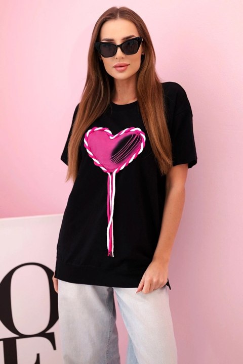 T-shirt damska oversize z sercem i frędzlami z krótkim rękawem czarna uniwersalny