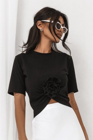 Czarny t-shirt Elvie z marszczeniem i różą - Rozmiar L
