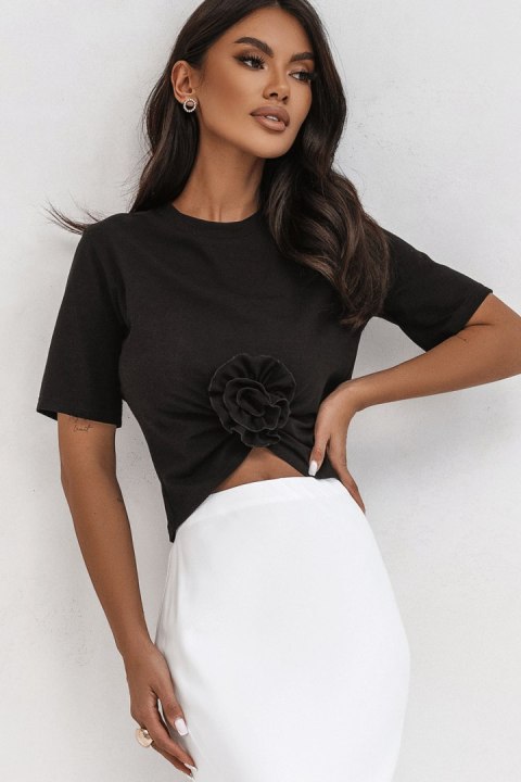 Czarny t-shirt Elvie z marszczeniem i różą - Rozmiar L Czarny t-shirt Elvie z marszczeniem i różą - Rozmiar L