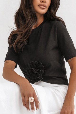 Czarny t-shirt Elvie z marszczeniem i różą - Rozmiar S