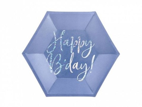 Talerz jednorazowy Partydeco papierowe w kolorze granatowym z holograficznym napisem Happy Bday średnica ok. 20 cm papier śr. 20