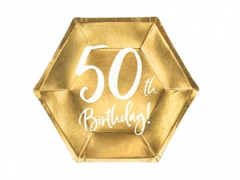 Talerz jednorazowy Partydeco złoty 50 urodziny papier śr. 200mm 6 szt (TPP73-50-019M)