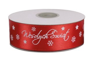 Wstążka Titanum Craft-Fun Series satynowa satynowa z nadrukiem Wesołych Świąt 25 czerwona (25/25YRED)