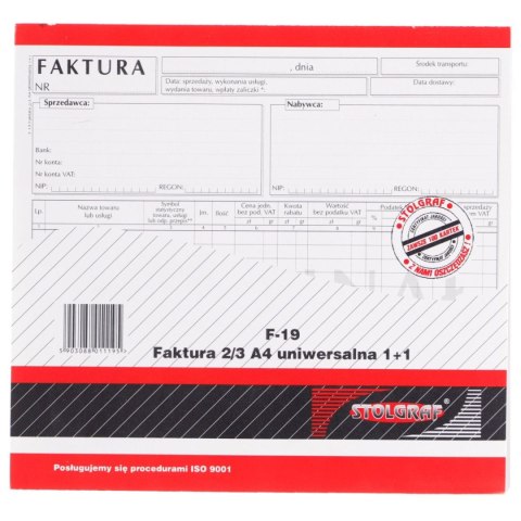 Druk samokopiujący Stolgraf faktura 2/3 A4 (1+1) uniwersalna 2/3 A4 100k. (F19) Druk samokopiujący Stolgraf faktura 2/3 A4 (1+1) uniwersalna 2/3 A4 100k. (F19)