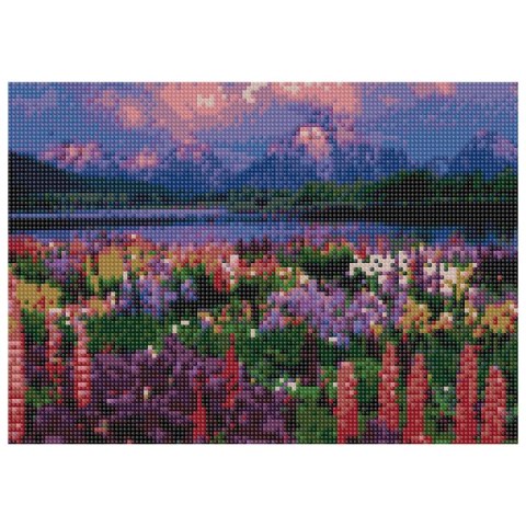 Zestaw kreatywny Flamingo Line Diamentowa mozaika 30x40cm Pejzaż góry, rzeka i kwiecista łąka (TGC70028)