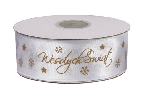 Wstążka Titanum Craft-Fun Series satynowa satynowa z nadrukiem Wesołych Świąt 25 biało-złoty (25/25YWHITE)