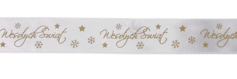 Wstążka Titanum Craft-Fun Series satynowa satynowa z nadrukiem Wesołych Świąt 25 biało-złoty (25/25YWHITE)