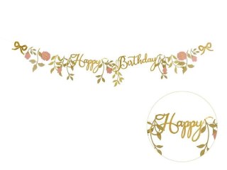 Baner Partydeco Happy Birthday Kwiaty, różowo-złoty, 1.3m (GRL127)
