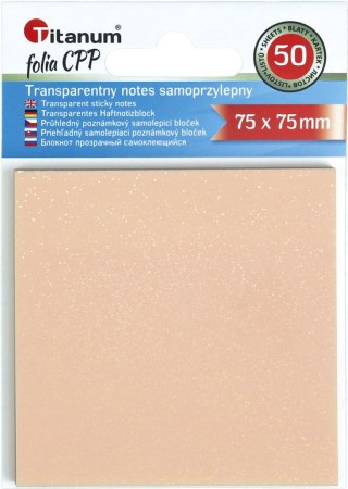 Notes samoprzylepny (karteczki) Titanum transparentne, z polipropylenu 75x75 pomarańczowy 50k [mm:] 75x75