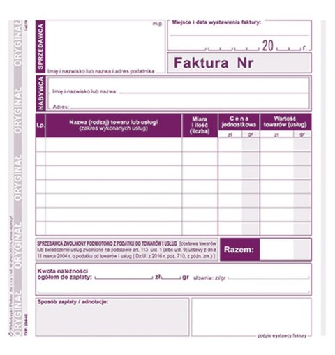 Druk offsetowy Michalczyk i Prokop Faktura dla podatników zwolnionych podmiotowo z podatku VAT 2/3 A5 80k. (204-4E) Druk offsetowy Michalczyk i Prokop Faktura dla podatników zwolnionych podmiotowo z podatku VAT 2/3 A5 80k. (204-4E)