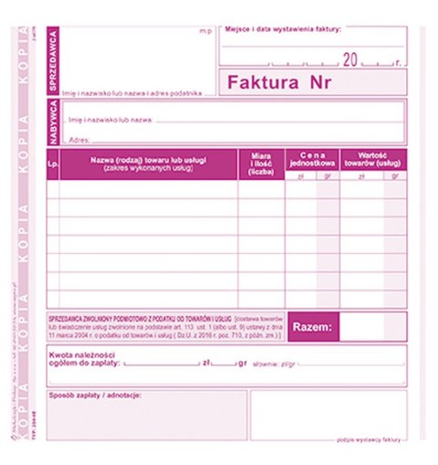 Druk offsetowy Michalczyk i Prokop Faktura dla podatników zwolnionych podmiotowo z podatku VAT 2/3 A5 80k. (204-4E) Druk offsetowy Michalczyk i Prokop Faktura dla podatników zwolnionych podmiotowo z podatku VAT 2/3 A5 80k. (204-4E)