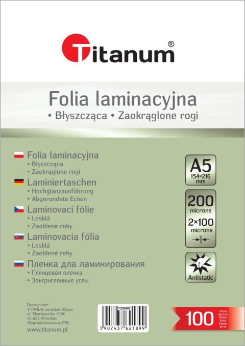 Folia do laminowania Titanum A5 przezroczysty 100mic. [mm:] 154x216