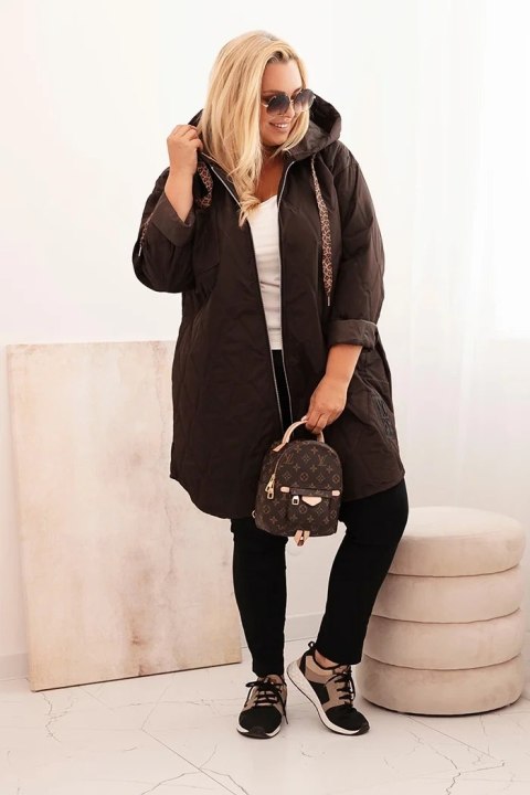 Kurtka damska Plus Size pikowana z kapturem i napisem HOPE brązowa uniwersalny Kurtka damska Plus Size pikowana z kapturem i napisem HOPE brązowa uniwersalny