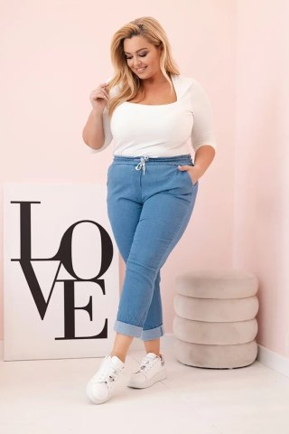 Spodnie damskie bawełniane Plus Size z elastyczną talią i wiązaniem jasno jeansowe 3XL