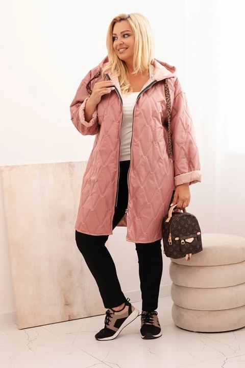 Kurtka damska Plus Size pikowana z kapturem i napisem HOPE ciemno różowa