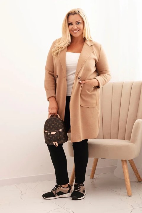 Płaszcz damski elegancki Plus Size z kołnierzem i dużymi kieszeniami camelowy Płaszcz damski elegancki Plus Size z kołnierzem i dużymi kieszeniami camelowy