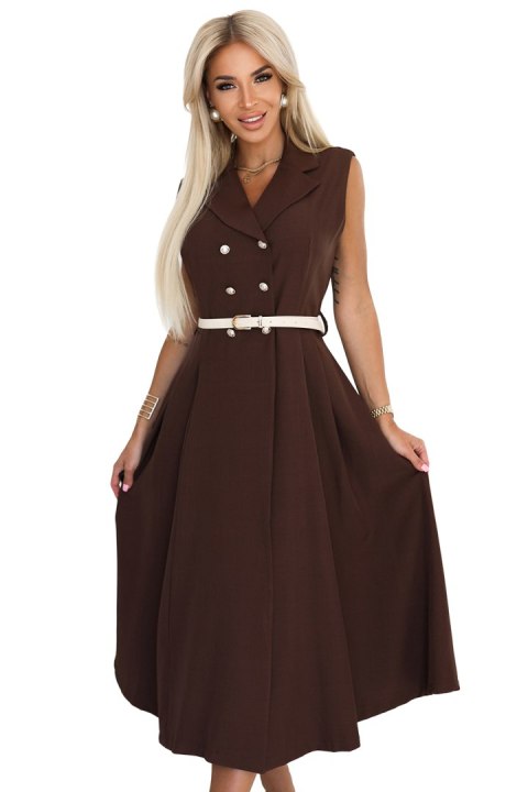 596-4 Elegancka szmizjerka midi ze złotymi guzikami i paskiem - CZEKOLADOWA - UNI