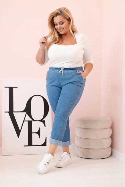 Spodnie damskie bawełniane Plus Size z elastyczną talią i wiązaniem jasno jeansowe XL Spodnie damskie bawełniane Plus Size z elastyczną talią i wiązaniem jasno jeansowe XL