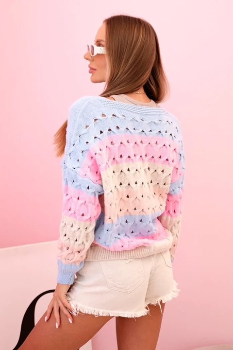 Sweter damski ażurowy w paski z dekoltem V niebieski + beżowy uniwersalny Sweter damski ażurowy w paski z dekoltem V niebieski + beżowy uniwersalny
