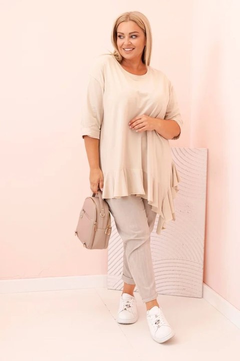 Bluzka damska Plus Size z bawełną z falbaną i rękawem podwijanym beżowa Bluzka damska Plus Size z bawełną z falbaną i rękawem podwijanym beżowa